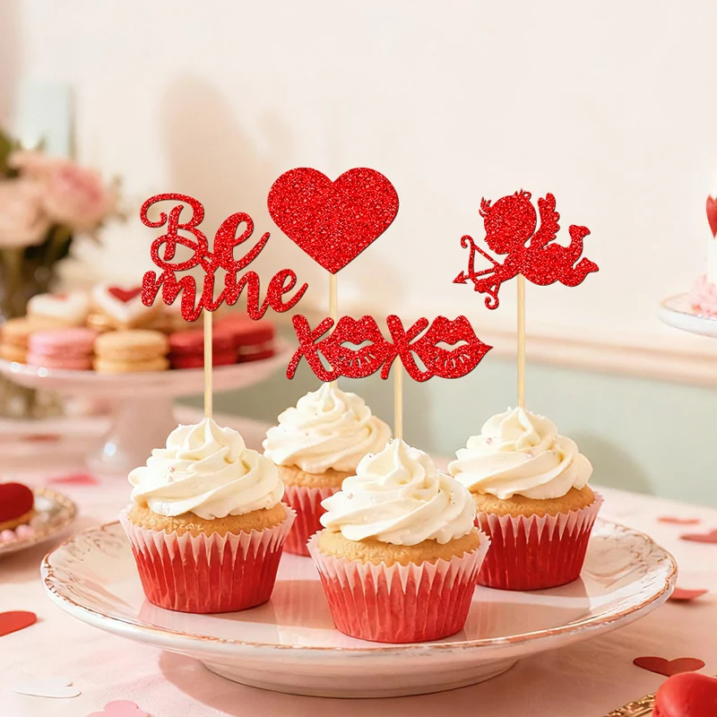 YOMDID 24 Stück Cupcake-Topper zum Valentinstag, glitzernde Valentinstag-Kuchen-Picks, Liebesherz, Lippen, Seien Sie meine, Designs, Kuchendekorationen