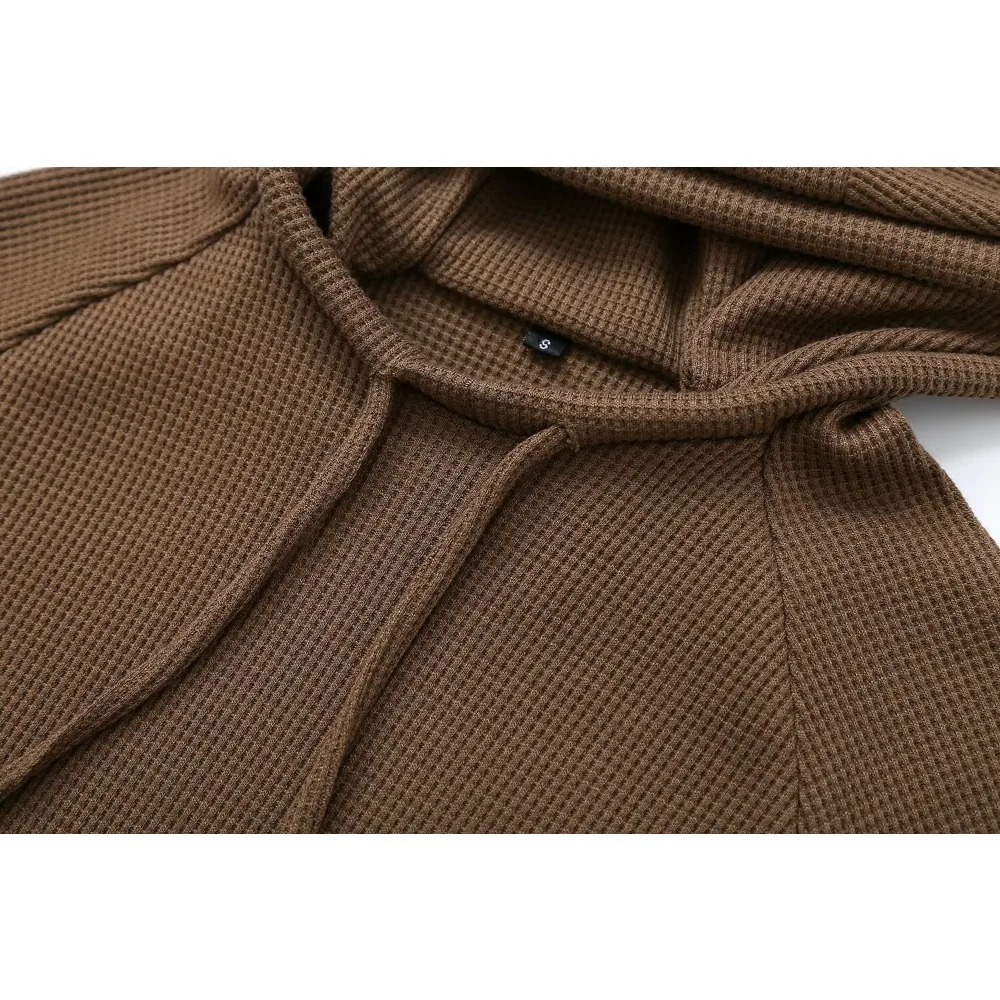 Autumn Waffle Pant Sets for Women Casual Brown Taupe 2 Piece Set Waffle Hooded Sweatshirt Matching Tonal Mid-rise Wide Leg Pants