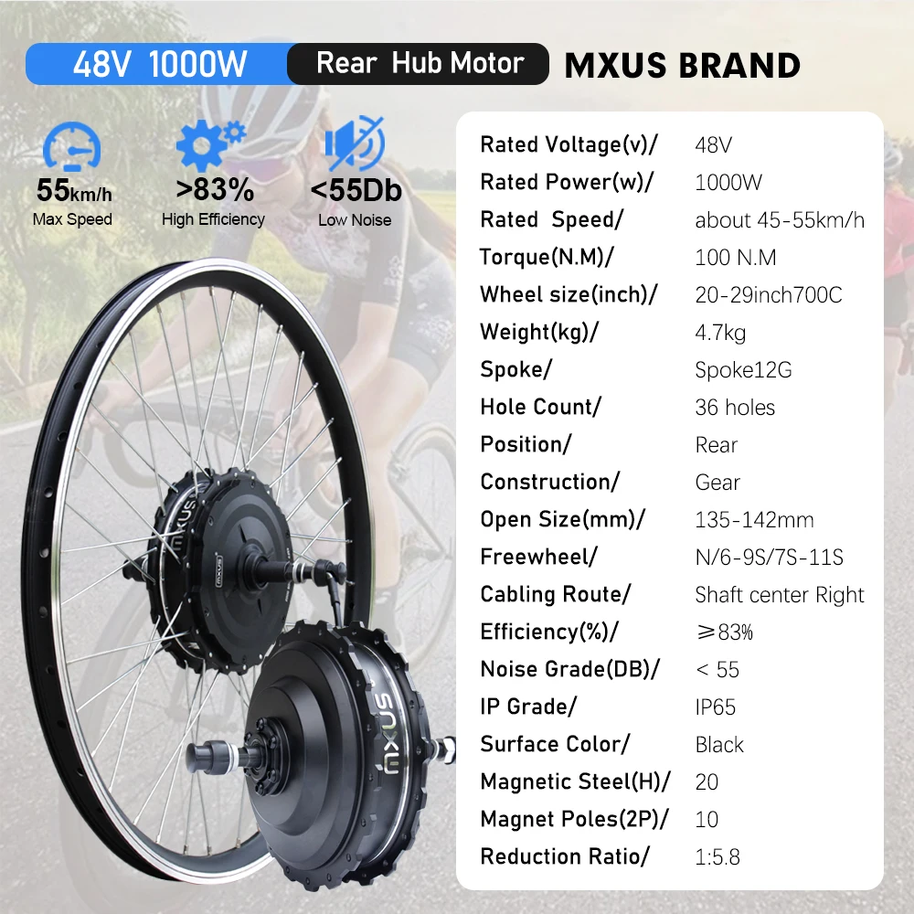 MXUS Brand Ebike Conversion Kit 48V 1000W Waterproof Plug High Speed Brushless Hub Motor Wheel For Electric Bike Conversion Kit