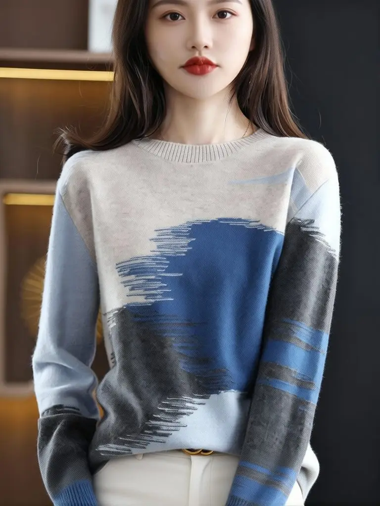 Elegant Tie Dye O-neck Oversize Pullover Women Thick Jumper Sweater Jersey Knit Basic Tee Long Sleeve Outerwear Coat Spring Fall