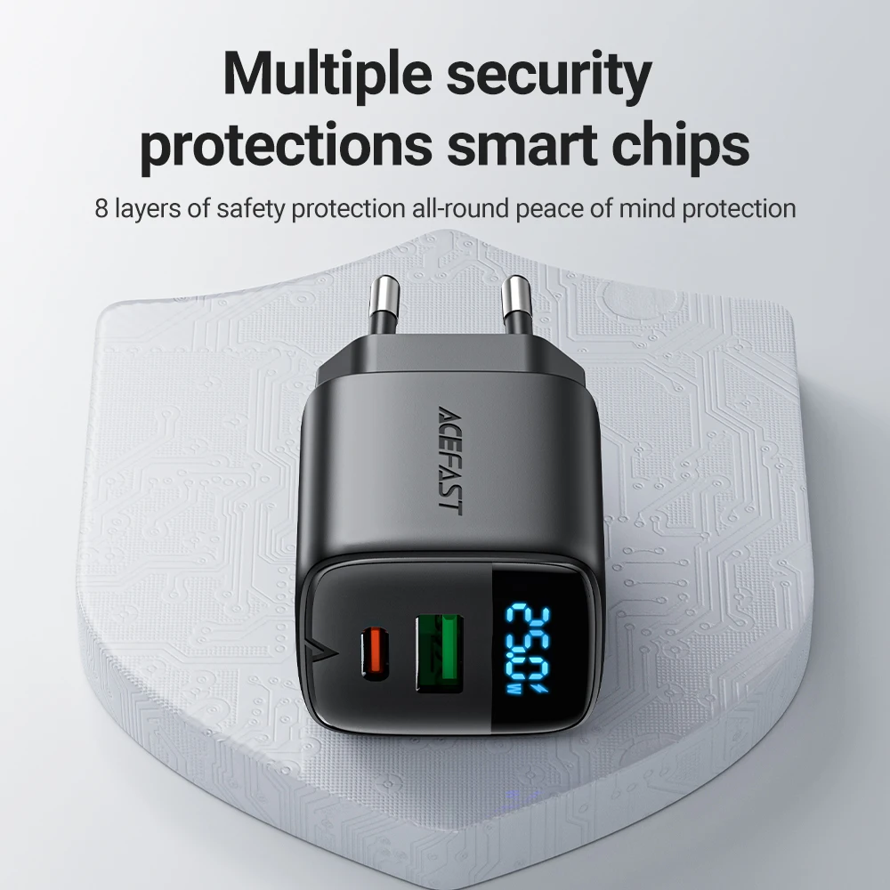 Pengisi Daya Cepat Ponsel ACEFAST EU GaN PD25W untuk iPhone 16 15 14 Pro Max Port USB C USBA dengan Adaptor Perjalanan Dinding Tampilan Digital LED