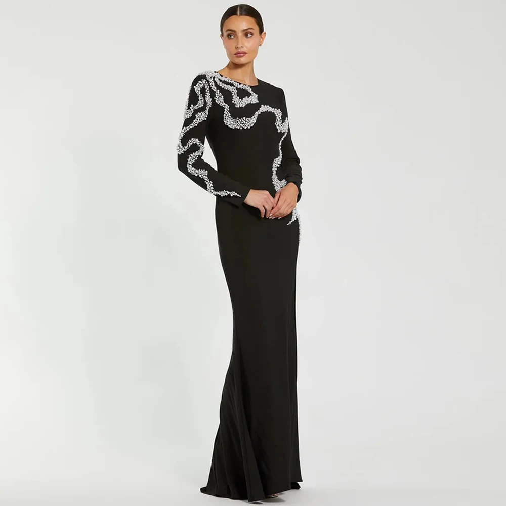 فستان سهرة متواضع بأكمام طويلة ورقبة على شكل حرف O مخصص لؤلؤ مطرز بالخرز في المملكة العربية السعودية فستان حفلات مناسبة رسمية