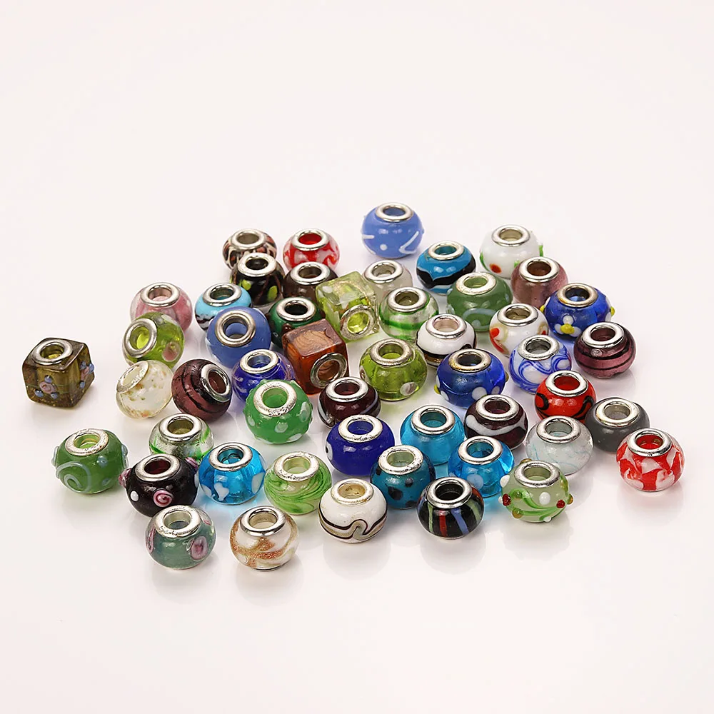 QianBei Wholesale 50pcs/Lot Mix Color Murano Glass Lampwork Beads Big Hole Core For Charm Bracelet Free Shipping