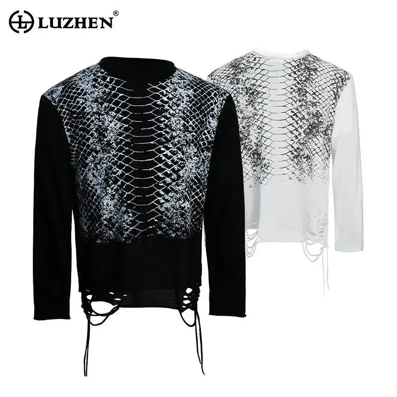 LUZHEN 2026 Spring New Ribbon Tassel Tie-dyed Pattern Niche Design Long Sleeve T-shirt Men's Fashion Handsome Casual Tops JY6438