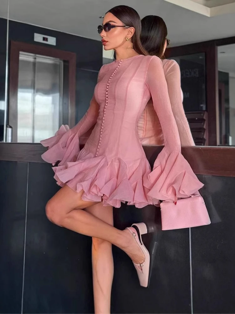 Para festa roupa diária mini vestido 2025 sexy doce vestido fedorado na moda tule em camadas puff hem botão detalhe vestido de cintura alta