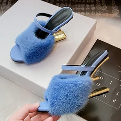 European and American style mink fur leather high heels, women's slim heels, summer new fish mouth sandals, women's fur slippers