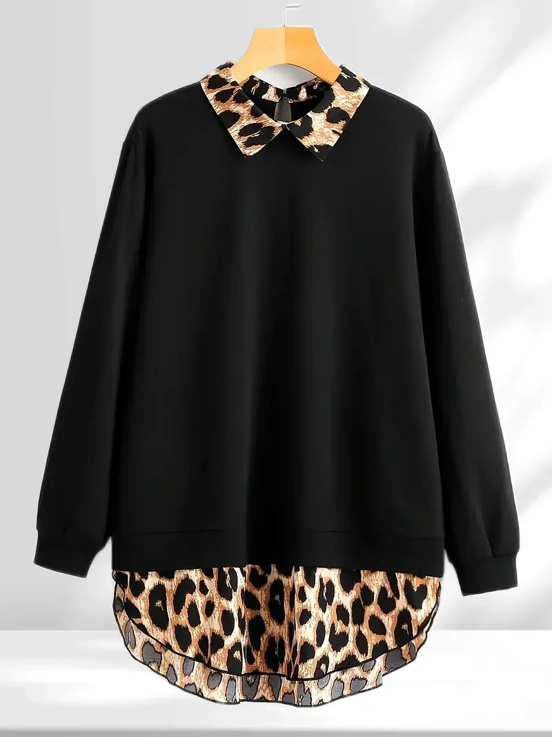 

Плюс размер модная женская рубашка с длинными рукавами с леопардовым принтом женская весна/осень модная свободная повседневная блузка с воротником с лацканами