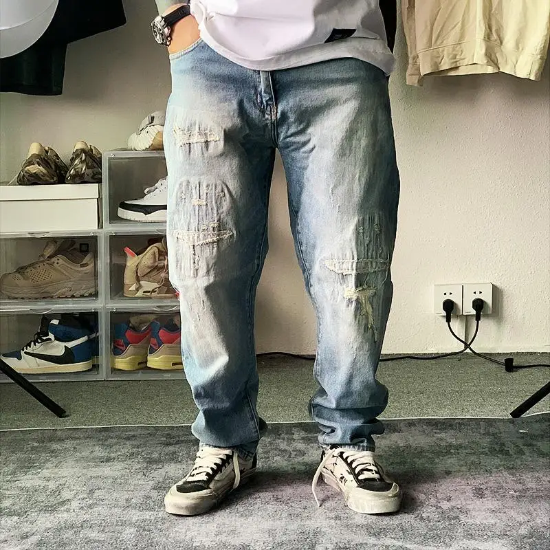 

Retro American Washed Men's Jeans Casual Straight Leg Long Pants Trendy Youth Summer Loose Fit Denim mid Waist Zipper Fly