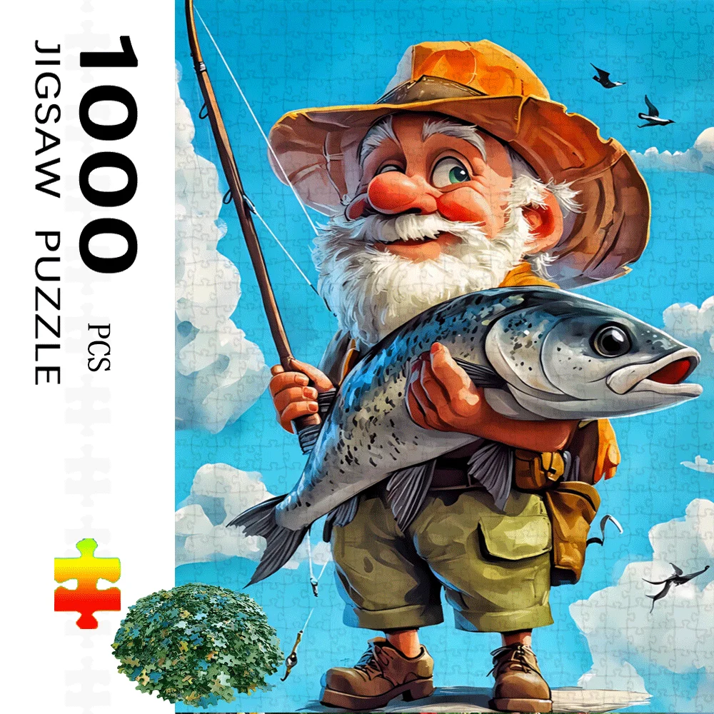 

1000pcs Jigsaw Puzzle Featuring a Vintage Angler Wearing an Orange Hat And Holding a Bucket, Showcasing a Large Fish Catch. Th