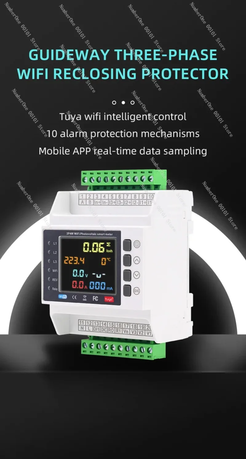 Three Phase 4 Wire WiFi Smart Energy Meter, Bidirectional KWh Meter with Over Under Voltage Overload Protection