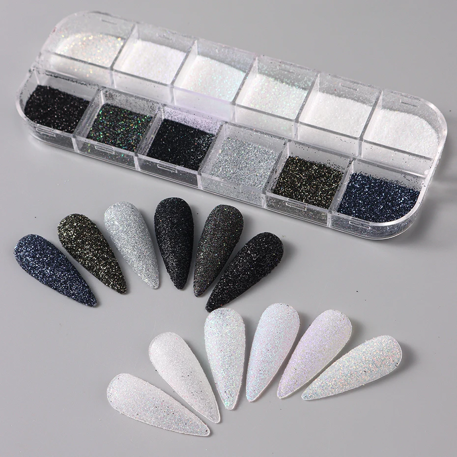 블랙 골든 브라운 네일 아트 글리터 파우더 무지개 빛깔의 화이트 파인 크롬 플레이크 더스트 가을 겨울 스파클 네일 장식 액세서리