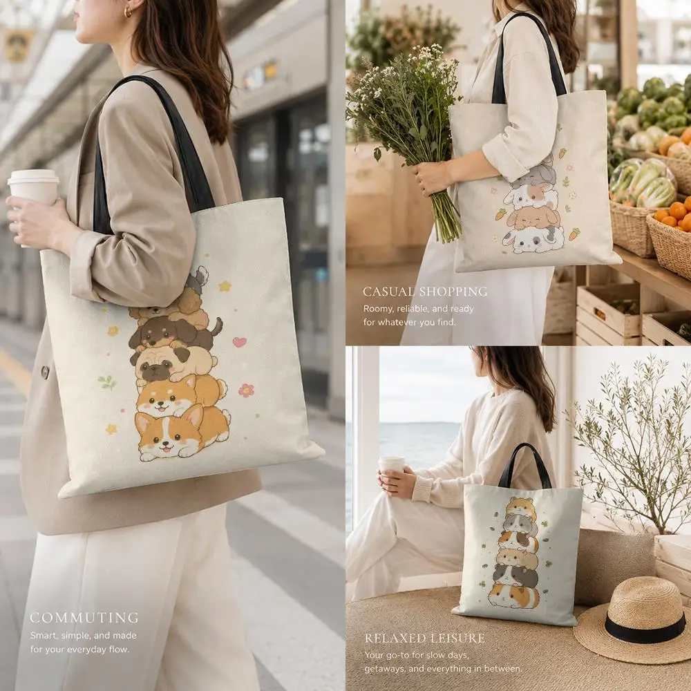 Kawaii Stacked Animals Storage Bags Canvas Tote Bag Large Capacity Reusable For Shopping Commute Grocery Shoulder Bag Gift