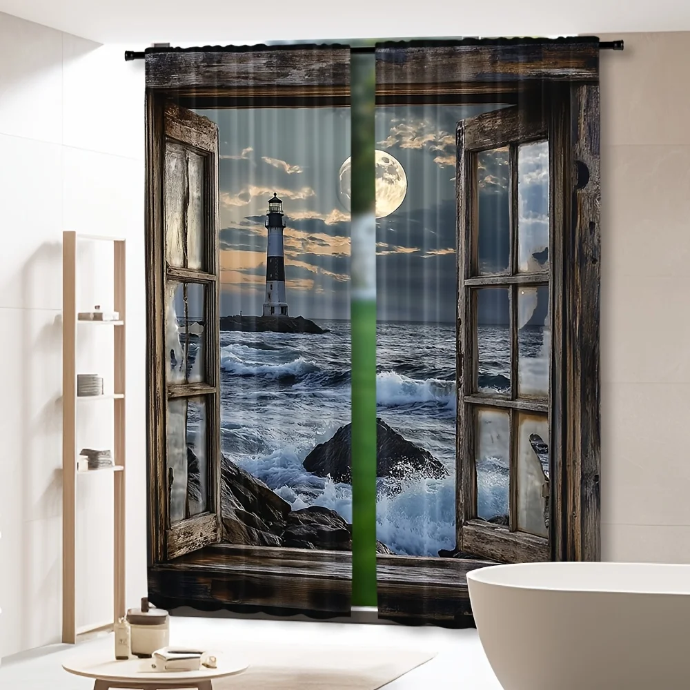 lighthouse moon window curtain for living room bedroom privacy and decor coastal style polyester fabric Suitable for all seasons