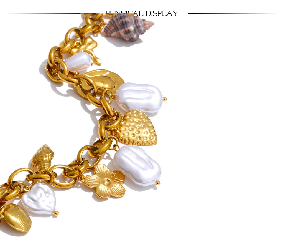 Yhpup Ozean-Stil, simulierte Perlen, Muschel, Schildkröte, Muschel, Herz, Blume, Tropfen-Halskette, 2025, Edelstahl, handgefertigter Schmuck, neu – Detail 8