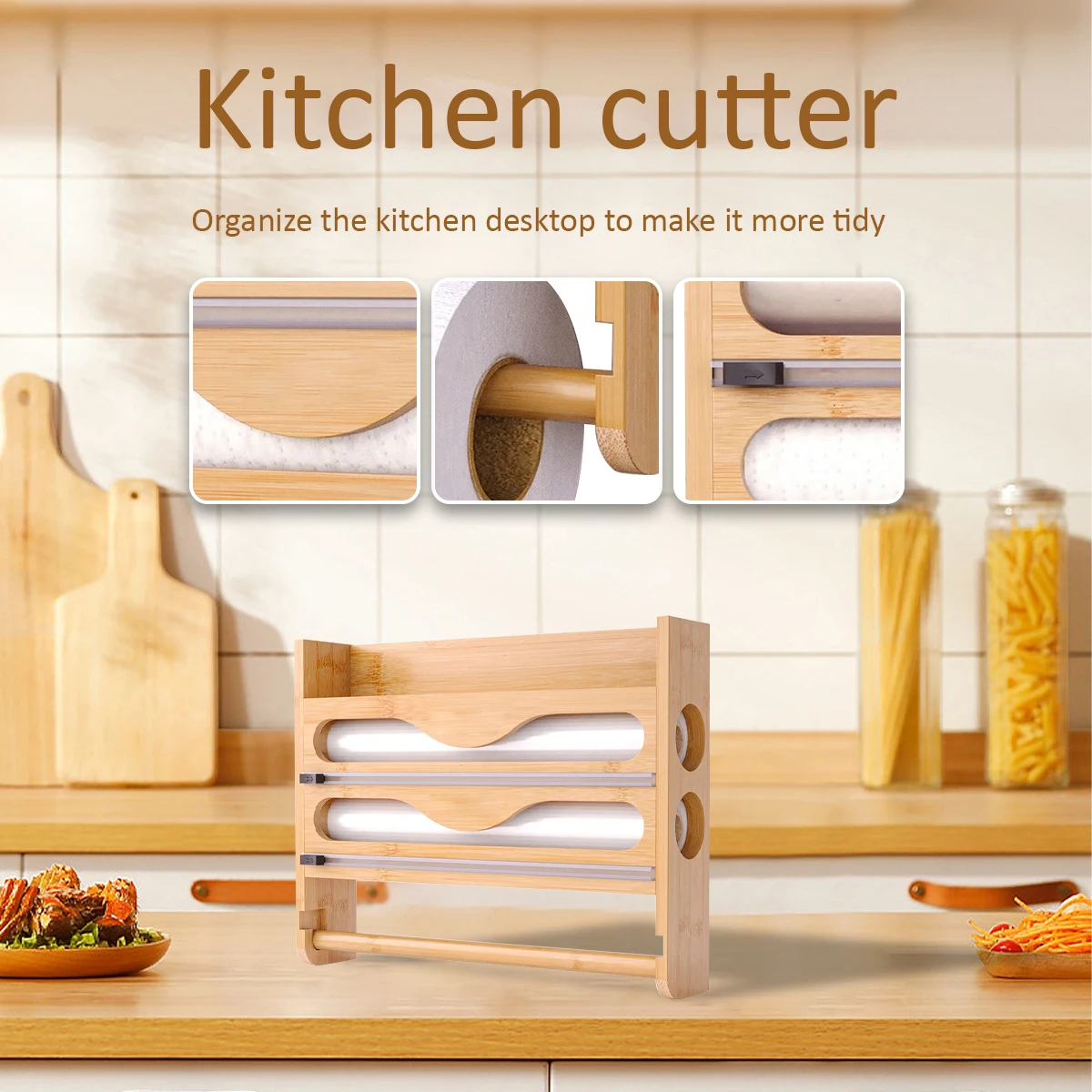 벽걸이형 종이 타월 홀더 및 커터가 포함된 대나무 2칸 보관 상자 - 주방용 호일 및 플라스틱 랩 정리함