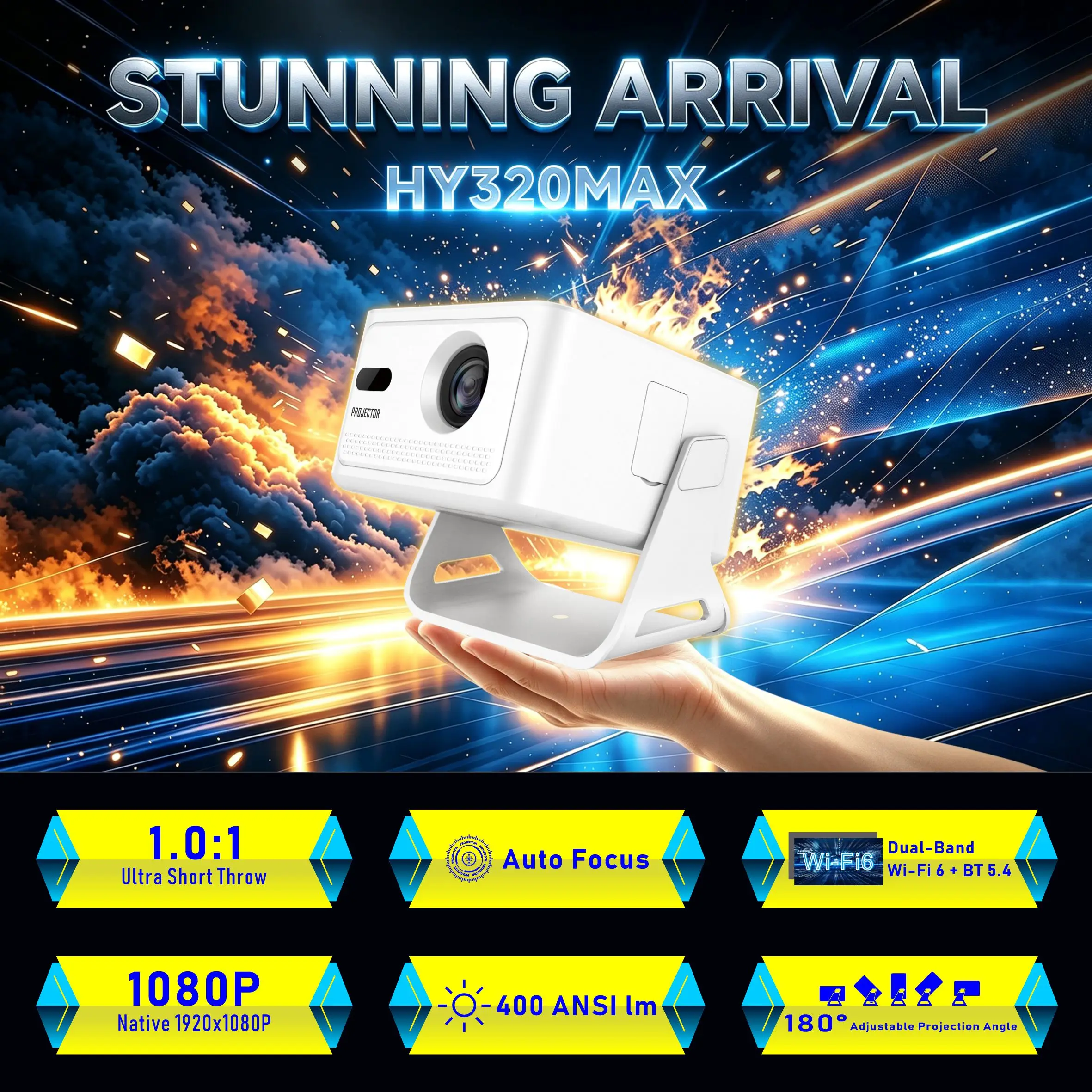 HY320MAX 4K Projector, 1080P Native, FULL HD High Brightness, Auto Focus & Keystone, Ultra Short Throw Mini Smart Projector