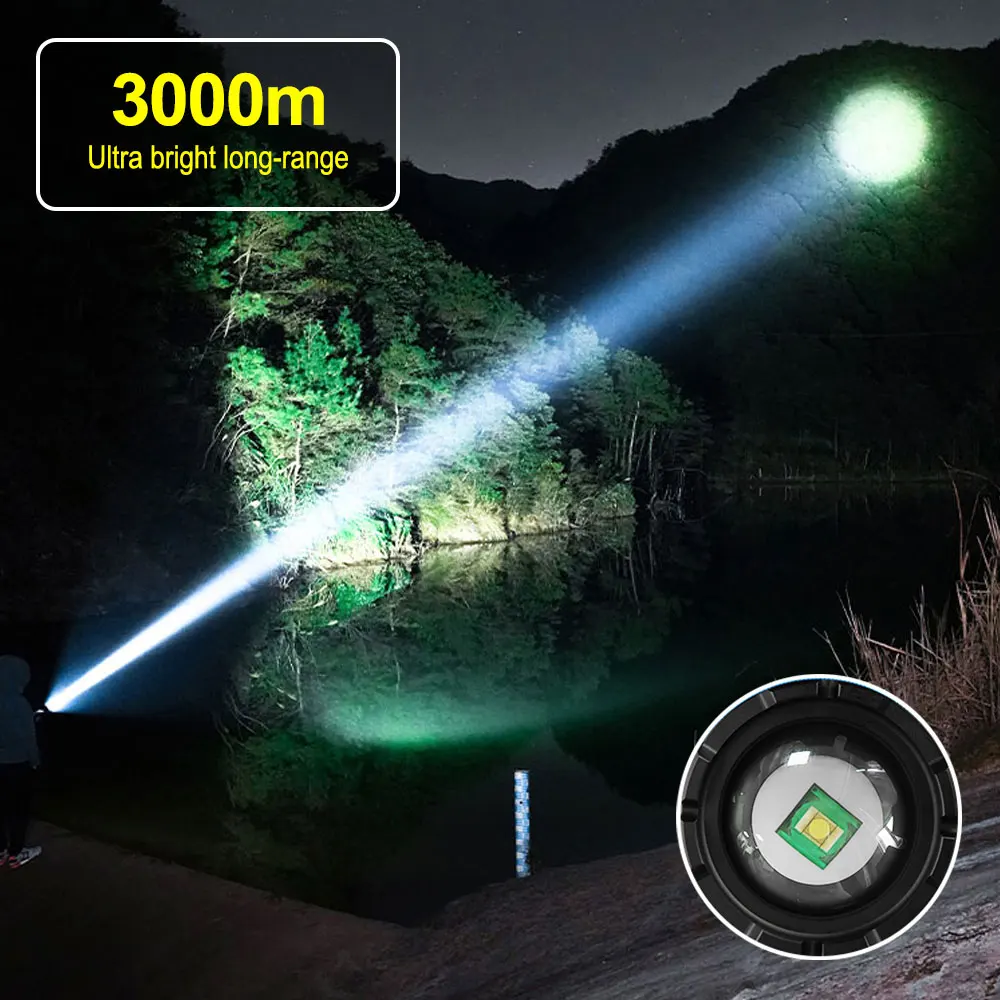 Imagem -06 - Lanterna Led Zoomable Poderosa Tocha de Tiro Longo Tipo-c Lanterna Recarregável Holofotes d2 Xhp160 30w 25000lm 3000 m 8800mah