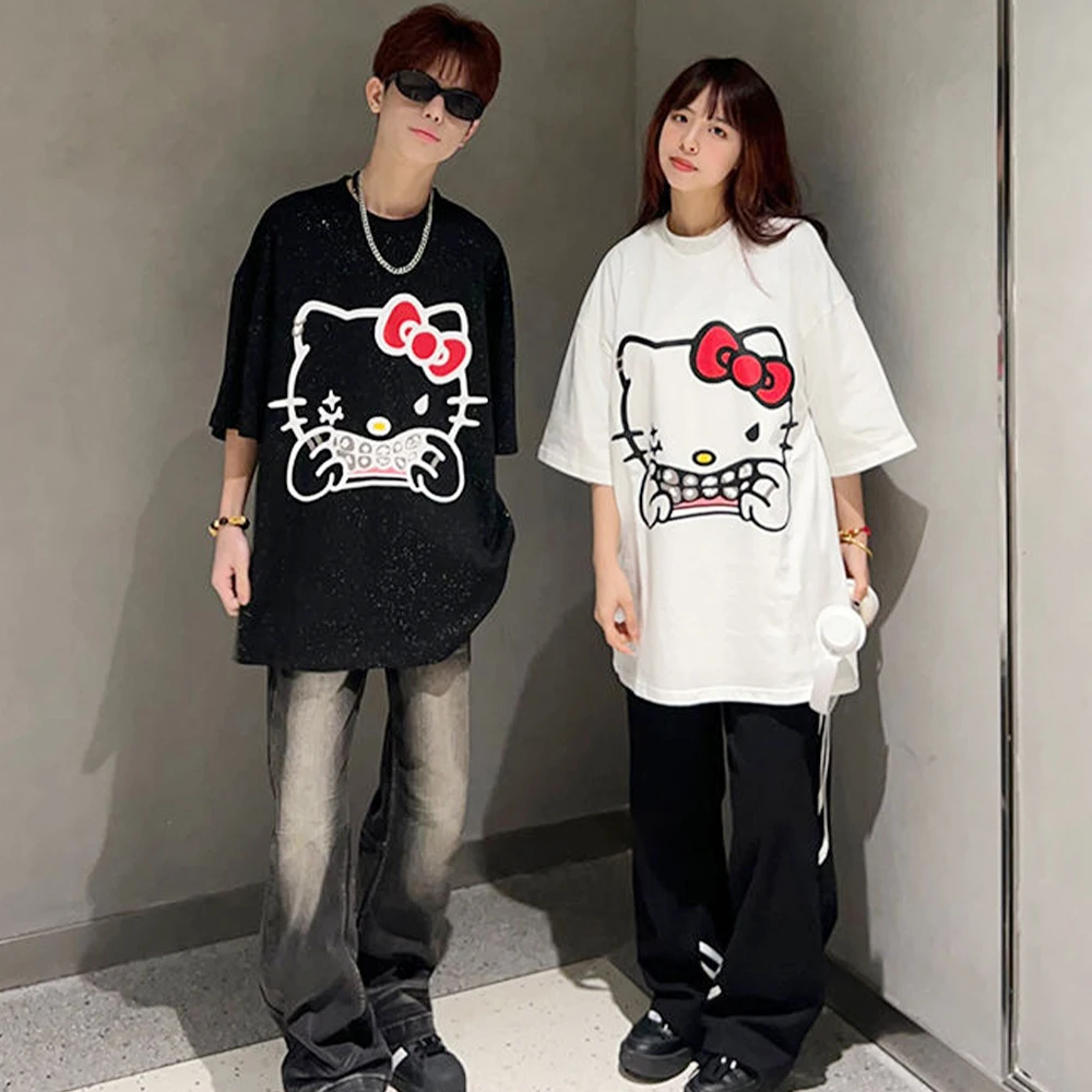 Hello Kitty Cotton T-Shirt Anime Women Kt Sanrioed Cartoon Short Sleeve Summer Cute Comfortable Couple Tops Kawaii Loose Casual