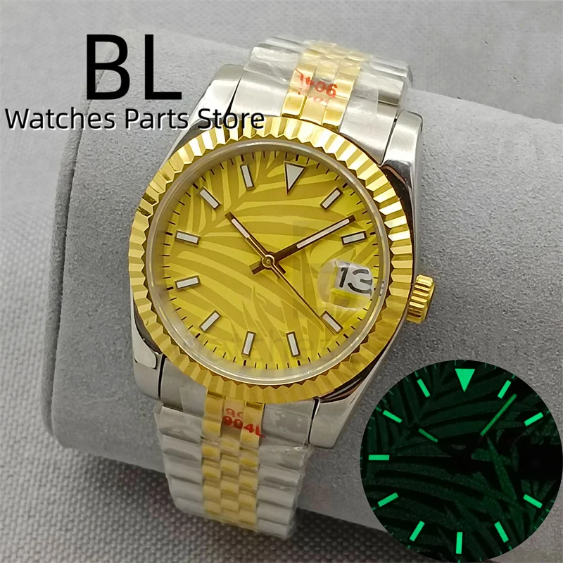 BLIGER 36mm/39mm Palm Leaf Luxury Automatic Watch For Men NH35A Mechanical Waterproof Clock Two tone Rose Gold Fluted Bezel Sapp