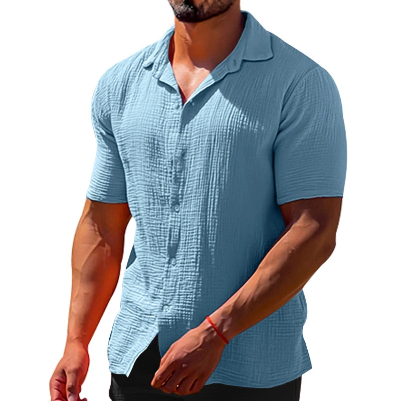 Camisa informal de lino y algodón para hombre, cárdigan de manga corta con botones y solapa, ropa de calle para primavera y verano, 2023