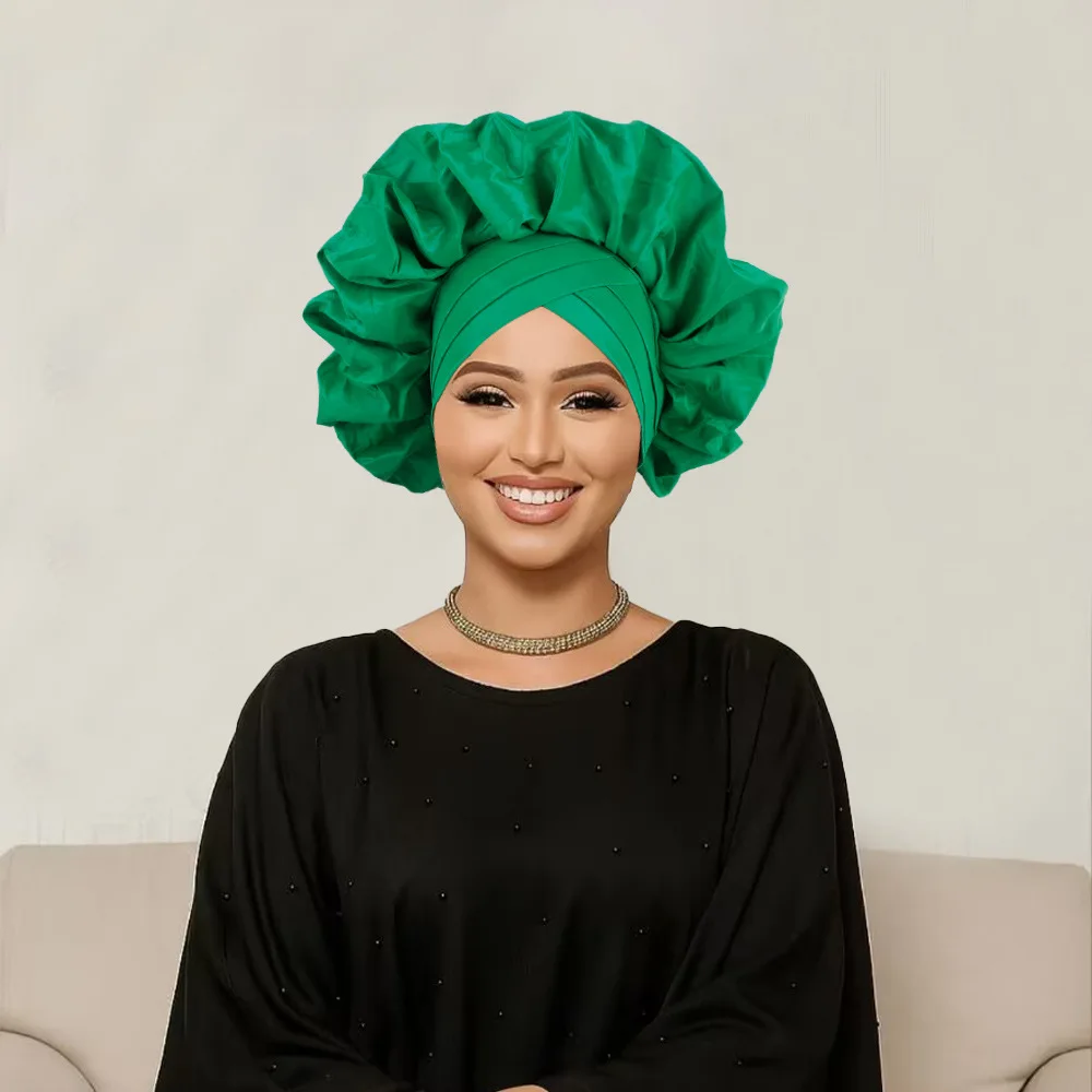Vendita calda Front Cross Auto Gele già realizzato Copricapo africano Aso Oke Nigeria Ruffles Cap Cravatta per la testa Turbante Copricapo da donna da sposa