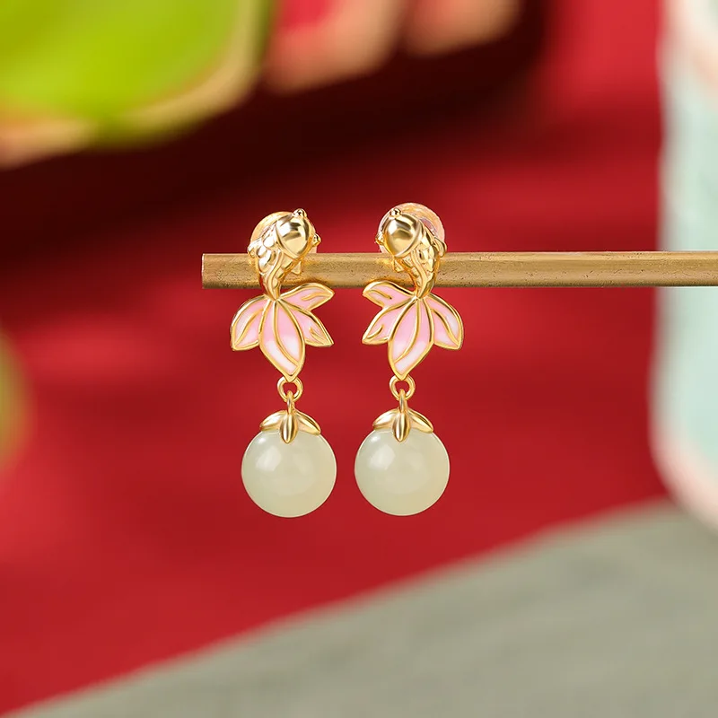 Natural Hetian S925 Sterling Silver Gold-Plated Jade Goldfish Round Bead Enamel Earrings