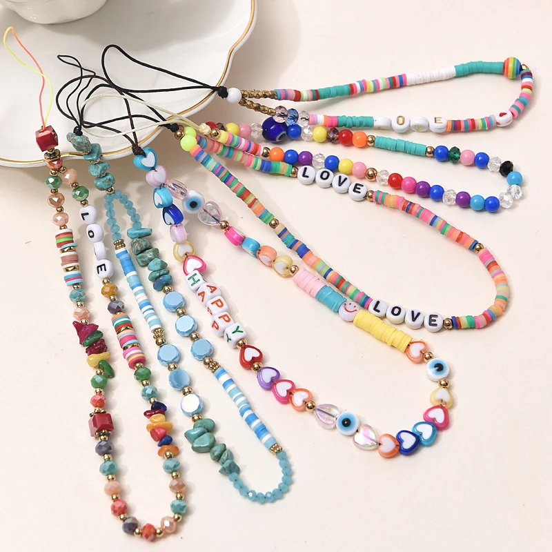 Fashion Women Acrylic Clay Stone Beads Mobile Phone Chain For Cellphone Strap Hanging Cord Lanyard Keychain Jewelry Customizable