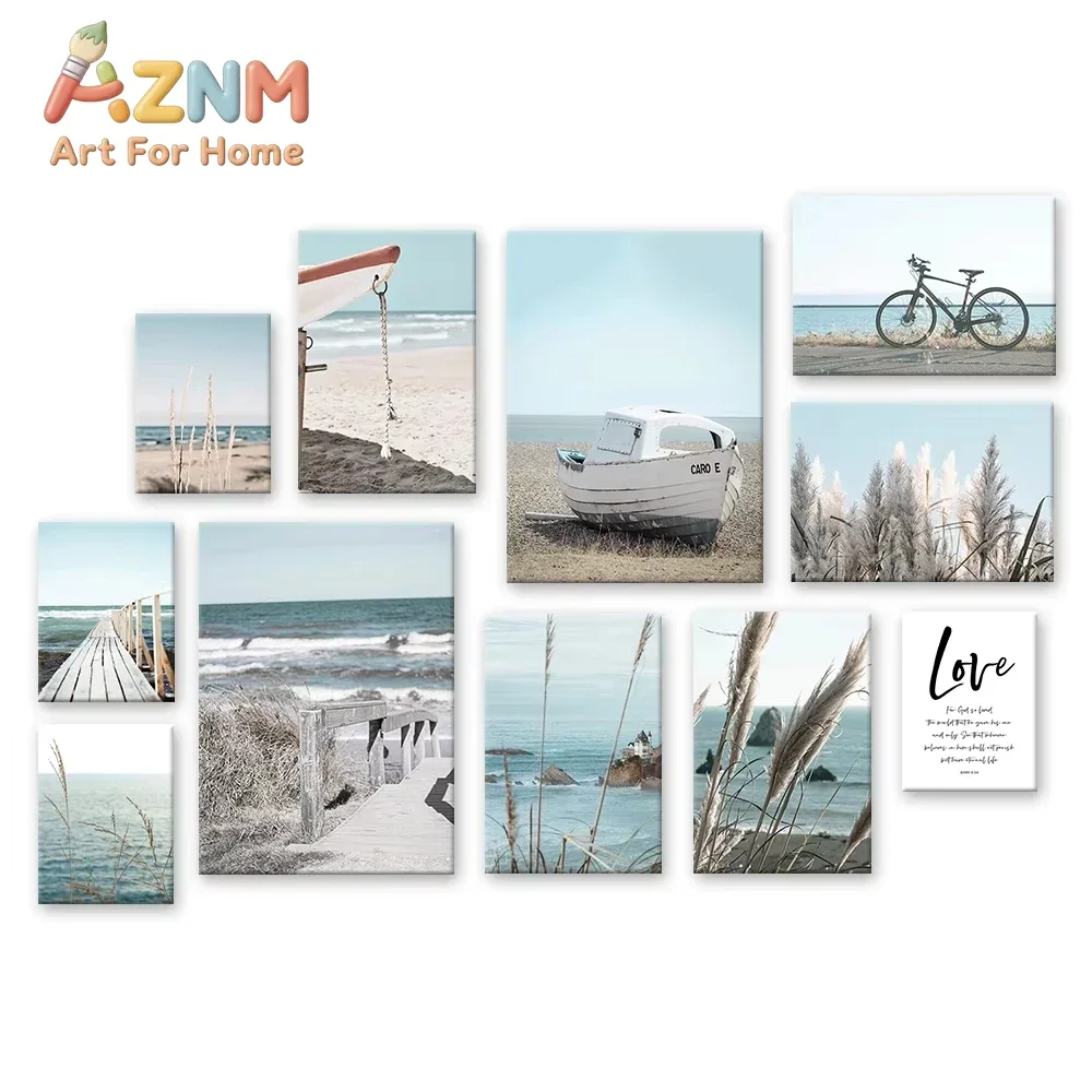 Ocean Reed Boat Beach Landscapes Nordic Canvas Painting Seascape Blue Poster Wall Art Print Decorative Pictures for Living Room