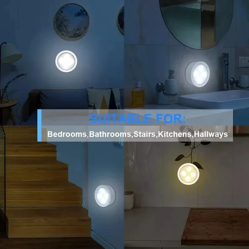 Luz noturna inteligente sem fio com controle remoto, lâmpada regulável, bola de gelo, decoração do armário da cozinha, iluminação da escada, 3 cores, 8 LEDs