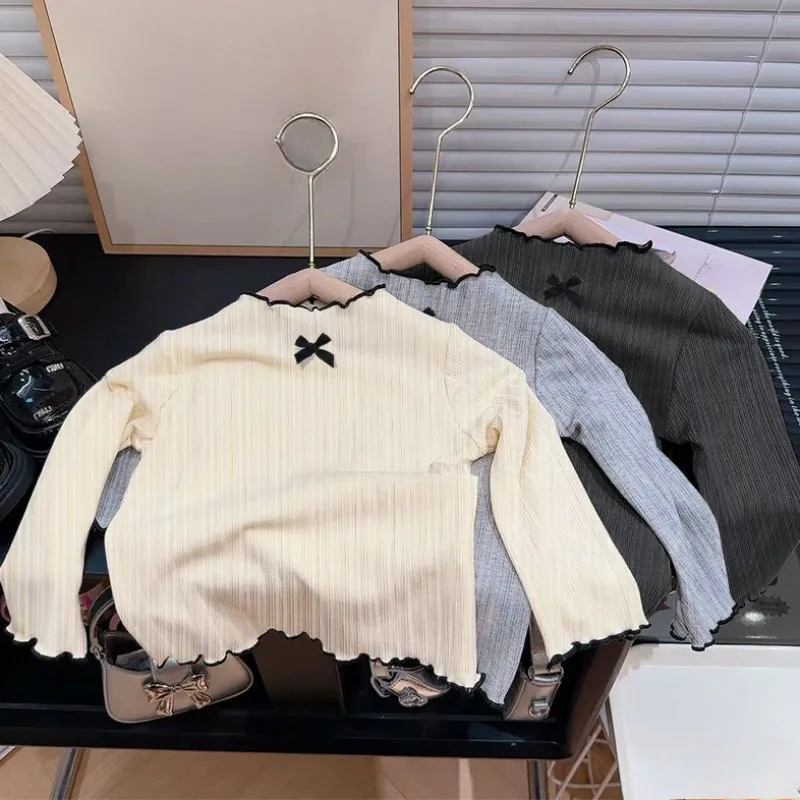 6M-8Y الفتيات تي شيرت بأكمام طويلة الأطفال تكدرت حافة القوس محبوك القمم 2025 الخريف جديد تنوعا قاعدة قميص للطفل الفتيات #1