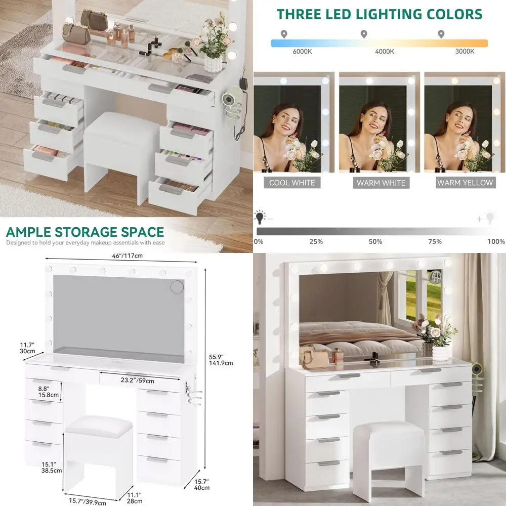 

LED-Illuminated 46 Makeup Vanity Desk with 10 Drawers, Adjustable Lighting, USB & AC Outlets, and PU Stool