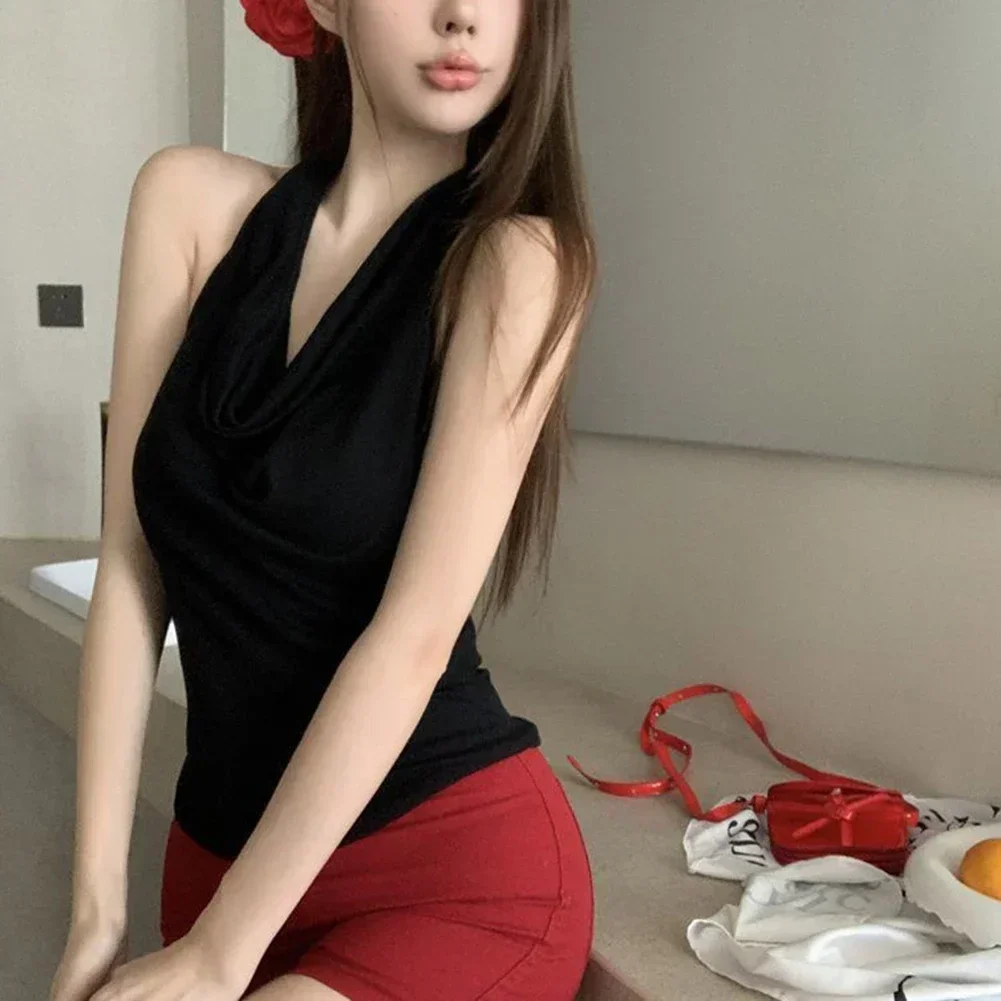 

Black Casual Pleated Top Casual Slim Halter Top Streetwear Daily Casual Top Regular Length Slight Stretch Fabric