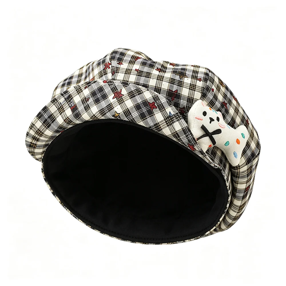 Striped five-pointed star three-dimensional cat soft brimmed newsboy cap - Japanese girl style for daily commuting and outings