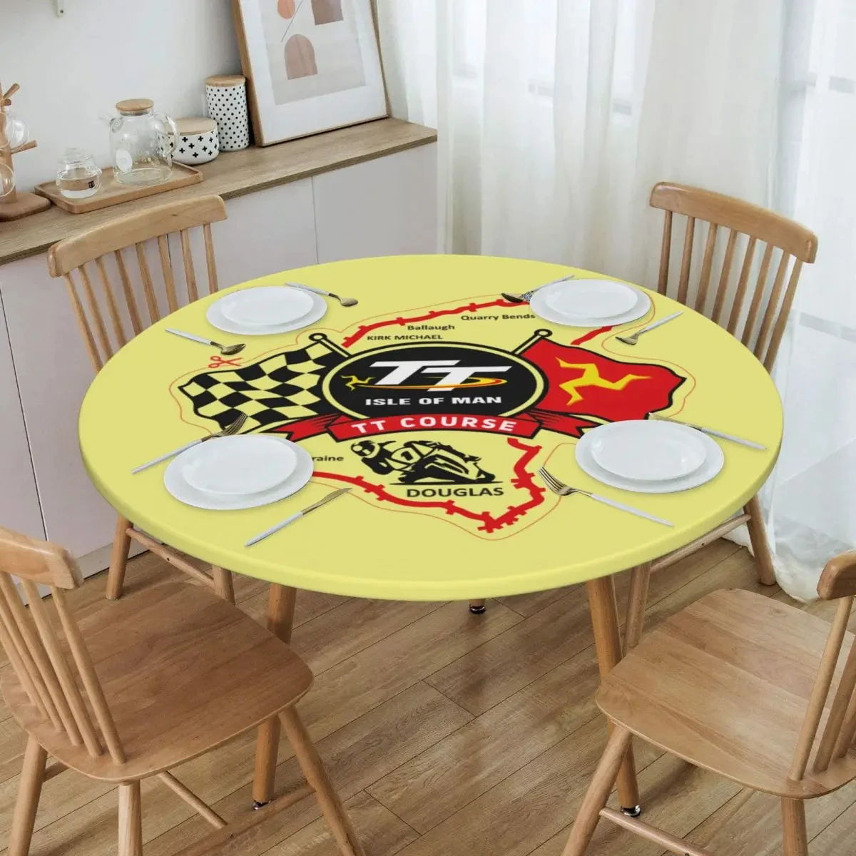 

Isle of Man Racing Round Waterproof Table Cover Elastic TT Motorcycle Table Cloth Backing Edge Tablecloth for Picnic Home Decor