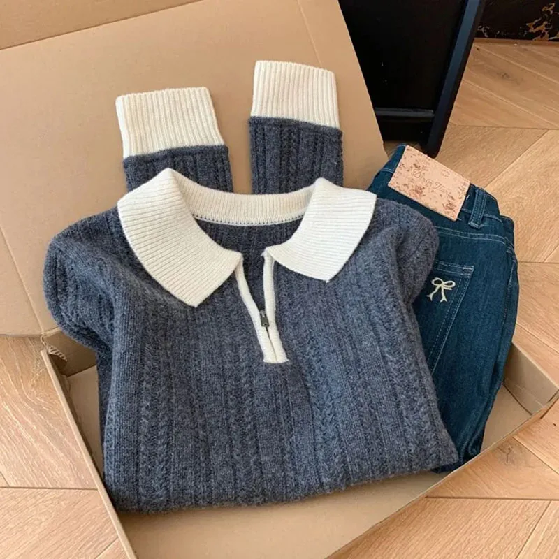

Core Sheep Women's Stitching Knitted Zipper Long Sleeve Sweater 2026 Autumn Winter Temperament Female New Pullover Simple Top