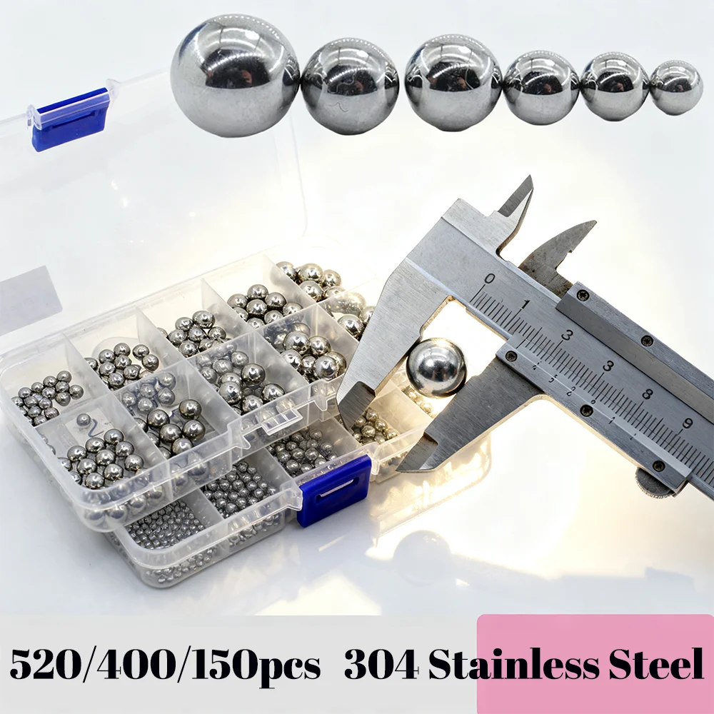 304 Stainless Steel Solid Smooth Bearing Ball 520/400/150Pcs Precision Assorted Loose Bicycle Steel Mixing Iron Ball Kit 15 Size