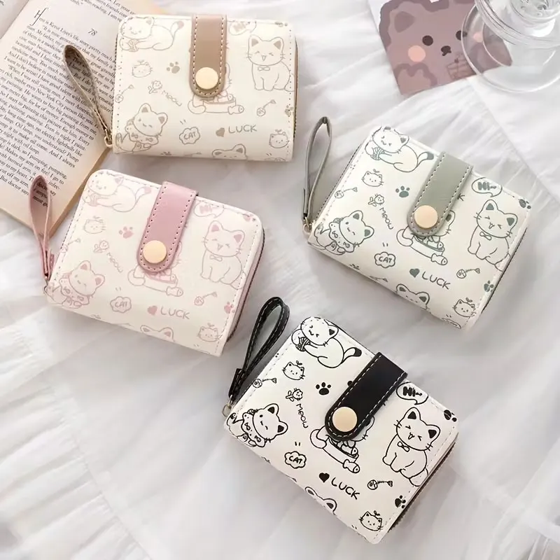 Cartera de Mujer con Estampado de Osos, Estilo Minimalista Original, Cartera Triple Plegable de Estilo Japonés, Monedero Corto para Chicas