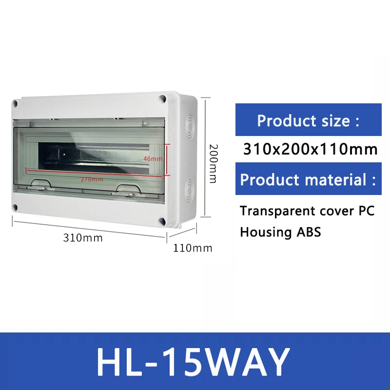 

Home-use 15-position distribution box made of ABS material, with dimensions of 310x200x110mm, and waterproof rating of IP65