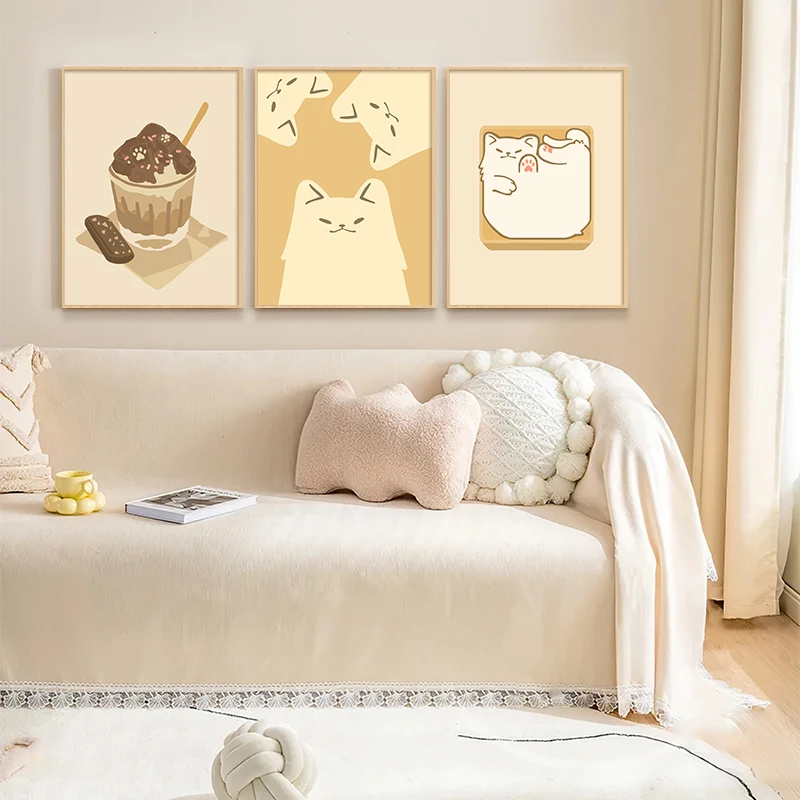 Nordic Ins Cute Cartoon Cat Canvas Painting Dessert Poster Kawaii Animal Wall Art Healing Nursery Kids Room Bedroom Home Deco