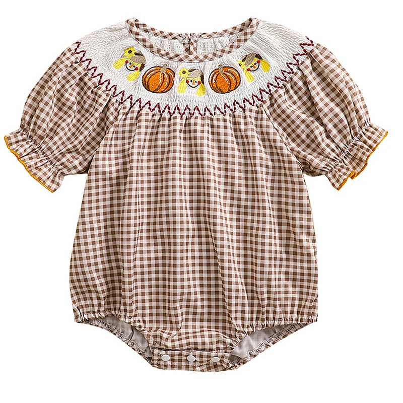 Newborn Baby Girl Smocked Pumpkin Outfit Infant Plaid Bubble Romper Embroidery Halloween Thanksgiving Fall Clothes