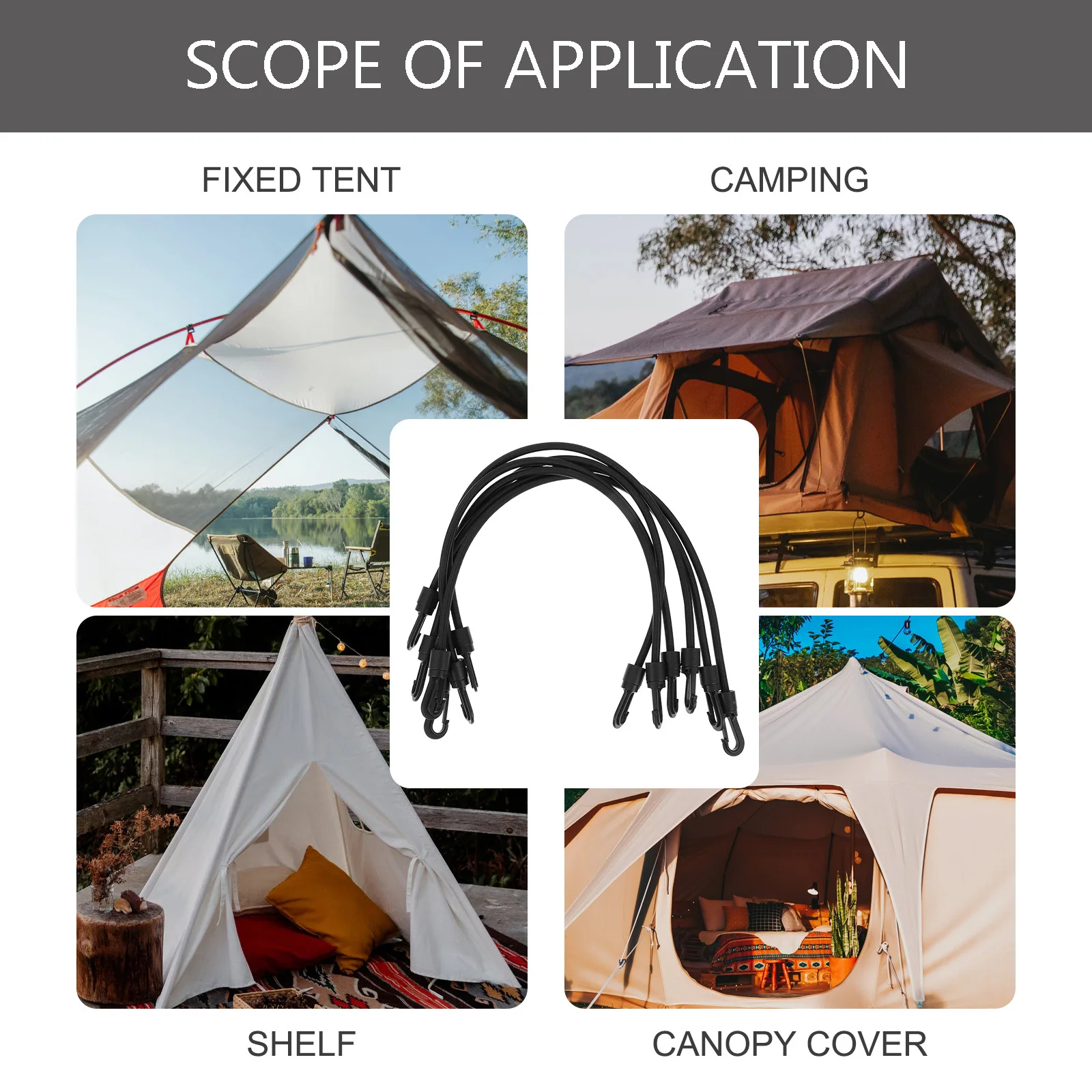 

6Pcs Black Elastic Binding Cord with Hooks Durable Tensioner Belt for Motorbike Fastening Outdoor Travel Use