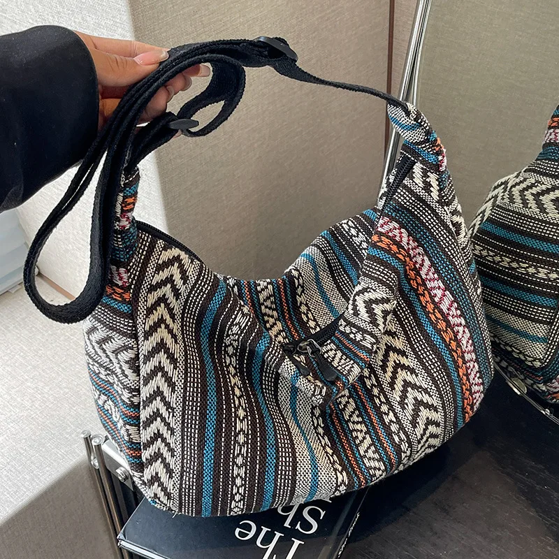 Multicolor Ethnic Style Fashionable Canvas Crossbody Bag, Versatile Dumpling Single Shoulder Bags for Women Daily Collocation