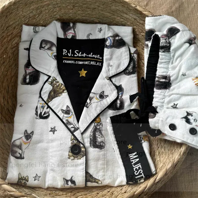 

Black Cartoon Sleepwear Long Sleeve Top Pant Soft Cotton Pajamas Suit 2Pcs Embroider Letter Homewear Lady Autumn Loungewear
