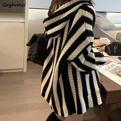 Hooded Women's Cardigans Autumn Striped Fashion College Knitted Leisure Harajuku Streetwear Baggy All-match Chic Female Sweaters