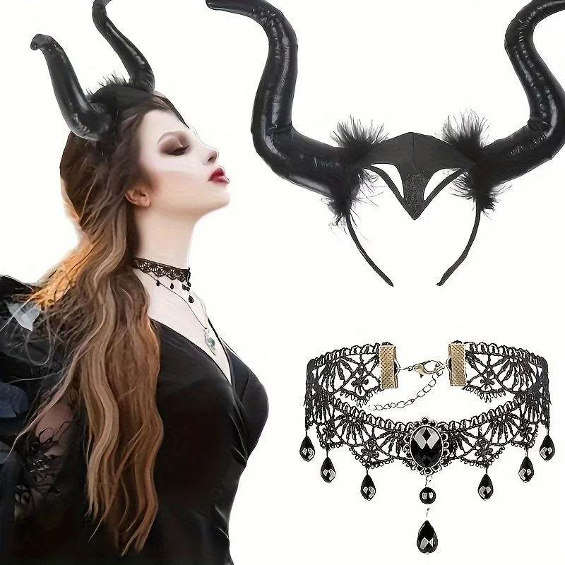 

2pcs/set Halloween Head Buckle Ornament Dress Up Performance Props Foreign Trade Feather Head Black Hoop Sleeping Demon Horns