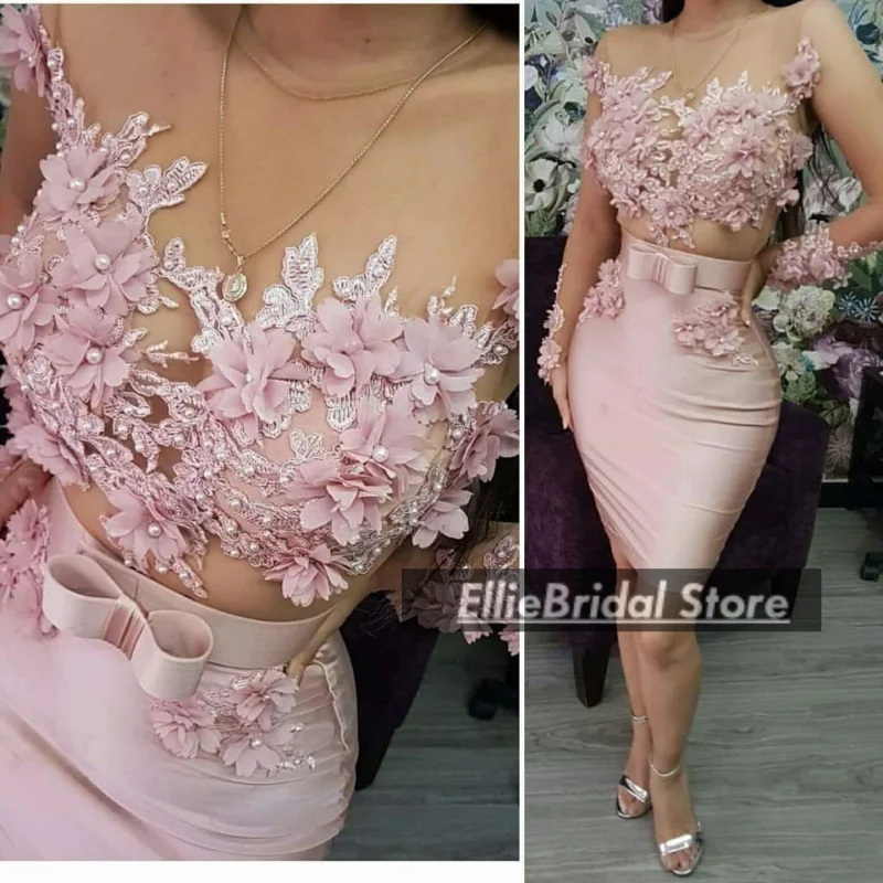 Sexy Pink Cocktail Dresses Long Sleeves Lace Pearls Birthday Dress Woman Mini Party Outfit Short Prom Gowns Customized