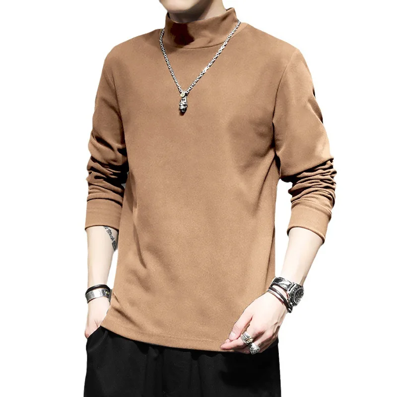 2023 Autumn Mens T-Shirts Spring High Collar Slim Tee Shirt Long Sleeve Solid Color De Rong Warm Basic Tops Man Undershirts