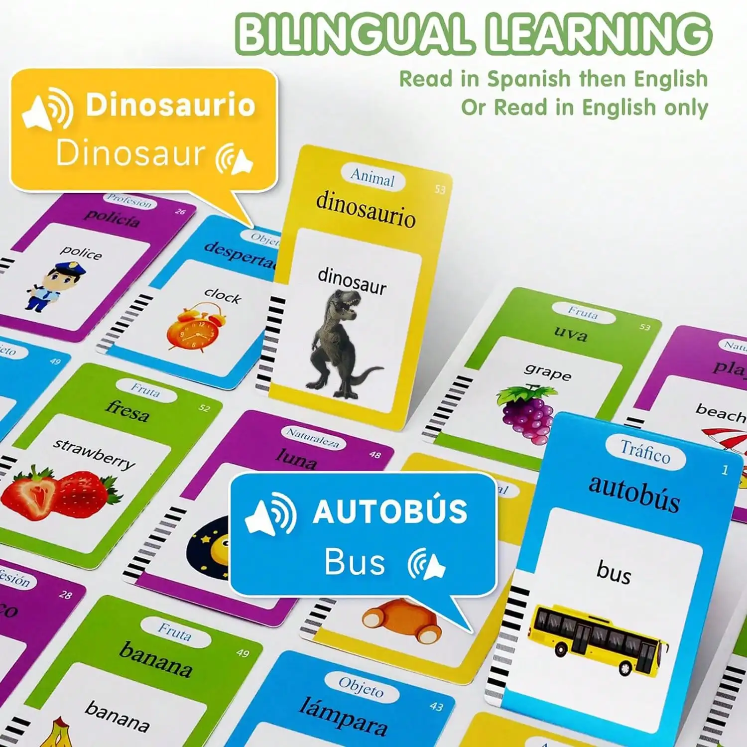Bilingual Spanish-English Flashcards, Preschool Children's Toys, Learning Pronunciation And Language Training, Language Training Toys, Montessori Educational Toys, Learn 224 Basic Common Words With Sound Effects, Life Themes - Family, Animals