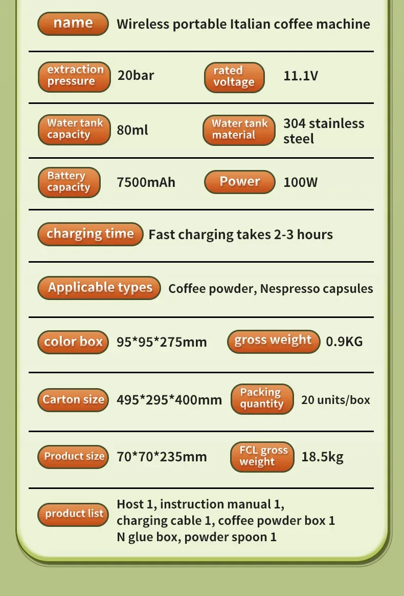 2-in-1 kabellose elektrische Espressomaschine für Auto und Zuhause, Camping, tragbare Kaffeemaschine, Kapselpulver, Reise-Kaffeemaschine – Detail 28