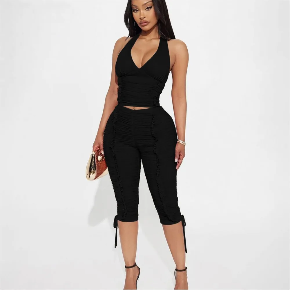 

Sexy Hot Girl Pants Sets Elegant Street Outfits Women V-neck Halter Backless Neck Cropped Top+Folds Cropped Pants Two Piece Set